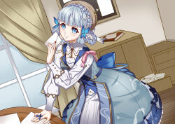 Rule 34 | 1girl, ayaka (genshin impact), azuma reiji, blue dress, blue eyes, blue hair, blunt bangs, braid, butterfly hair ornament, butterfly ring, closed mouth, collar, commentary request, curtains, dress, flower, genshin impact, hair flower, hair ornament, hair up, hat, hat flower, hat ribbon, holding, holding letter, indoors, kamisato ayaka, kamisato ayaka (springbloom missive), letter, light blue hair, long sleeves, looking at viewer, mole, mole under eye, official alternate costume, puffy long sleeves, puffy sleeves, ribbon, smile, solo, table, white collar, white ribbon, window