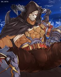 Rule 34 | 1boy, abs, ass, bandages, bara, bare pectorals, bk mita, brown pants, bulge, cloak, covered face, draph, gauntlets, glowing, glowing eyes, granblue fantasy, highres, hood, hooded cloak, horns, large pectorals, looking at viewer, male focus, muscular, muscular male, paid reward available, pants, pectorals, red eyes, solo, spread legs, stomach, thick thighs, thighs, vaseraga