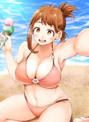 Rule 34 | 1girl, adahcm, bare shoulders, barefoot, beach, bikini, blurry, blurry background, blush, boku no hero academia, breasts, brown eyes, brown hair, cleavage, collarbone, day, feet, food, from above, holding food, holding ice cream, ice cream, ice cream cone, kneeling, large breasts, looking at viewer, matching hair/eyes, navel, ocean, open mouth, outdoors, pink bikini, pink nails, selfie, shiny skin, short ponytail, smile, soles, solo, swimsuit, teeth, toes, upper teeth only, uraraka ochako