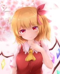 Rule 34 | 1girl, absurdres, ameno sagiri (artist), ascot, bad id, bad pixiv id, blonde hair, blurry, blurry background, branch, breasts, cherry blossoms, commentary, flandre scarlet, frilled shirt collar, frills, hair ribbon, hand on own chest, head tilt, highres, looking at viewer, no headwear, one side up, petals, puffy short sleeves, puffy sleeves, red eyes, red vest, ribbon, shirt, short hair, short sleeves, small breasts, smile, solo, standing, touhou, upper body, vest, white shirt, wings, yellow ascot