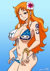 Rule 34 | 1girl, artist name, bikini pull, breasts, cleavage, clothes pull, highres, large breasts, legs, long hair, looking at viewer, nami (one piece), navel, one eye closed, one piece, one piece film: gold, orange eyes, orange hair, smile, solo, teasing, thighs, wink