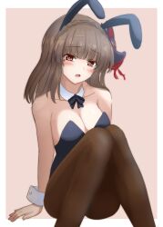 Rule 34 | 1girl, alternate costume, animal ears, arm at side, arm support, bare shoulders, black bow, black bowtie, black leotard, blunt bangs, blush, bow, bowtie, braid, breasts, brown hair, brown pantyhose, cleavage, collar, commentary request, crown braid, curvy, detached collar, eyelashes, eyes visible through hair, fake animal ears, feet out of frame, fishnet pantyhose, fishnets, fox mask, heaven burns red, highres, kiryuu miya, knees together feet apart, large breasts, lelie (lelie link), leotard, looking at viewer, mask, mask on head, medium hair, mole, mole under eye, pantyhose, photoshop (medium), playboy bunny, rabbit ears, red eyes, solo, straight hair, white collar, white wrist cuffs, wrist cuffs
