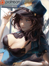 Rule 34 | 1girl, alternate costume, black bra, black hair, blue eyes, bra, breasts, caitlyn (league of legends), claparo, cleavage, hat, large breasts, league of legends, leaning back, lips, long hair, nose, officer caitlyn, pale skin, police, police hat, police uniform, policewoman, solo, underwear, uniform