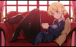 Rule 34 | 10s, 1girl, backlighting, black necktie, black pantyhose, blonde hair, blue eyes, blue skirt, blue sweater, braid, breasts, closed mouth, collared shirt, couch, cup, curtains, darjeeling (girls und panzer), emblem, eyebrows, from side, girls und panzer, hair between eyes, highres, holding, holding cup, indoors, leaning back, legs, letterboxed, long sleeves, looking at viewer, lying, medium breasts, miniskirt, necktie, no shoes, on back, on couch, pantyhose, pillow, pleated skirt, shikei, shiny clothes, shirt, short hair, skirt, smile, solo, st. gloriana&#039;s (emblem), sweater, tassel, teacup, thighs, v-neck, white shirt, window
