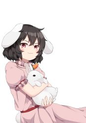 Rule 34 | 1girl, :3, animal ears, black hair, carrot necklace, closed mouth, commentary, cowboy shot, dress, english commentary, flat chest, floppy ears, frilled sleeves, frills, highres, holding animal, holding rabbit, inaba tewi, jewelry, looking at viewer, mashirohiyuki, necklace, pink dress, puffy short sleeves, puffy sleeves, rabbit, rabbit ears, rabbit girl, rabbit tail, red eyes, red sash, sash, short hair, short sleeves, simple background, smile, solo, tail, touhou, white background