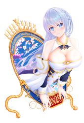 Rule 34 | 1girl, aiguillette, azur lane, bare shoulders, blue eyes, braid, breasts, buttons, cleavage, detached sleeves, double-breasted, dress, e^(in)+1=0, flower, french braid, highres, large breasts, light purple hair, long hair, pink flower, portal (object), rodney (azur lane), simple background, solo, white background, white dress