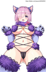 Rule 34 | 1girl, :d, animal ears, bikini, blue gloves, blue thighhighs, blush, breasts, cameltoe, claws, fang, fate/grand order, fate (series), fur-trimmed collar, fur trim, gloves, gluteal fold, hair over one eye, highres, large breasts, long bangs, looking at viewer, mash kyrielight, mash kyrielight (dangerous beast), navel, open mouth, purple eyes, short hair, simple background, smile, solo, swimsuit, thighhighs, white background, wolf ears, yasumi22842620