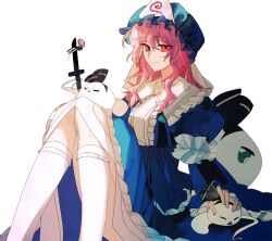 Rule 34 | 1girl, = =, black hairband, black ribbon, blue dress, blue headwear, center frills, closed mouth, collared dress, commentary request, dress, feet out of frame, frilled headwear, frilled shirt collar, frills, green eyes, hairband, hat, highres, hitodama, kneehighs, knees up, konpaku youmu (ghost), light smile, long hair, long sleeves, looking at viewer, mob cap, pink eyes, pink hair, ribbon, saigyouji yuyuko, simple background, sitting, socks, sword, touhou, triangle mouth, weapon, white background, white socks, xian qishui