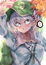 Rule 34 | !, 1girl, absurdres, arm up, autumn leaves, backpack, bag, between breasts, blue eyes, blue hair, blue nails, blue shirt, blurry, blurry foreground, breasts, commentary request, flat cap, frilled shirt collar, frills, green background, green bag, green hat, hair bobbles, hair ornament, hat, highres, kawashiro nitori, key, light blue hair, long sleeves, looking at phone, looking up, mahoro (minase mahoro), medium hair, nail polish, open mouth, phone, selfie, shirt, solo, spoken exclamation mark, strap between breasts, teeth, touhou, upper body, upper teeth only