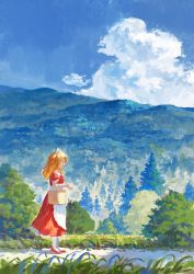 Rule 34 | 1girl, apron, bag, blonde hair, blue sky, cloud, commentary request, day, dress, fir tree, fjsmu, from side, headdress, high heels, highres, holding, holding bag, landscape, long dress, long hair, maid apron, maid headdress, mountain, outdoors, puffy short sleeves, puffy sleeves, pumps, red dress, red footwear, road, scenery, short sleeves, sky, solo, touhou, touhou (pc-98), tree, white apron, white legwear, yumeko (touhou)