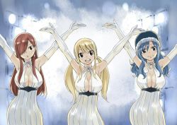 Rule 34 | 3girls, :&lt;, arms up, blonde hair, blue hair, breasts, cleavage, dress, earrings, elbow gloves, erza scarlet, fairy tail, gloves, hair over one eye, hat, jewelry, juvia lockser, large breasts, long hair, looking at viewer, lucy heartfilia, mashima hiro, multiple girls, official art, open mouth, red hair, smile, twintails, white gloves