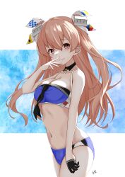 Rule 34 | 1girl, bikini, black gloves, blue bikini, breasts, brown eyes, choker, cloud, commentary request, cowboy shot, gloves, hair between eyes, hair ribbon, highres, ice cream cone, johnston (kancolle), kantai collection, light brown hair, long hair, looking at viewer, medium breasts, navel, neve (morris-minicooper), ocean, partially submerged, ribbon, signature, simple background, single glove, solo, standing, sun, swimsuit, two side up, water, white background