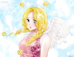 Rule 34 | 1girl, blonde hair, character name, conis (one piece), highres, one piece, skypiea, solo, wings