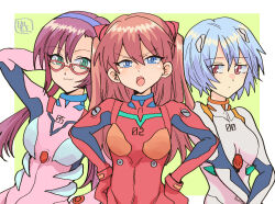 Rule 34 | 3girls, :3, annoyed, arms behind head, artist name, ayanami rei, blue eyes, blue hair, blue hairband, bodysuit, border, breasts, brown hair, closed mouth, commentary, expressionless, eyelashes, glasses, green background, green eyes, hair between eyes, hairband, hand up, hands on own hips, hashimo99187365, highres, interface headset, long hair, looking at viewer, makinami mari illustrious, multiple girls, neon genesis evangelion, open mouth, pilot suit, pink bodysuit, plugsuit, purple hair, red-framed eyewear, red bodysuit, red eyes, short hair, simple background, small breasts, smile, souryuu asuka langley, twintails, upper body, white bodysuit, white border