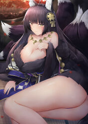 Rule 34 | 1girl, animal ear fluff, animal ears, ass, azur lane, bare shoulders, beads, black hair, breasts, cleavage, collarbone, facial mark, feet out of frame, fox ears, fox girl, fur trim, gem, hair ornament, highres, huge breasts, jewelry, kitsune, kyuubi, long hair, long sleeves, looking at viewer, low neckline, lying, magatama, magatama necklace, multiple tails, musashi (azur lane), necklace, nori aji, on side, outdoors, prayer beads, purple gemstone, solo, tail, tree, very long hair, whisker markings, yellow eyes