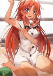 Rule 34 | 1girl, armpits, bad id, bad pixiv id, bare arms, bare legs, barefoot, blue eyes, blush, braid, commentary request, efe, hat, unworn hat, unworn headwear, hong meiling, long hair, looking at viewer, naked shirt, navel, presenting armpit, red hair, shirt, sitting, solo, star (symbol), tan, tanline, touhou, twin braids, very long hair, wariza