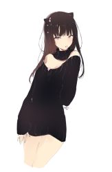 Rule 34 | 1girl, animal ears, arm behind back, bare shoulders, black sweater, breasts, brown eyes, brown hair, cat ears, cleavage, cropped legs, detached collar, dress, hair ornament, long hair, long sleeves, looking at viewer, lpip, mouth hold, original, signature, simple background, sleeves past wrists, solo, sweater, sweater dress, thighs, white background