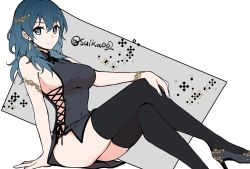 Rule 34 | 1girl, alternate costume, black dress, black thighhighs, blue eyes, blue hair, blue nails, breasts, byleth (female) (fire emblem), byleth (fire emblem), china dress, chinese clothes, closed mouth, commentary, crossed legs, dress, earrings, fire emblem, fire emblem: three houses, grey background, grey footwear, hair between eyes, hair ornament, hand on own knee, high heels, highres, ijiro suika, jewelry, large breasts, long hair, looking at viewer, nail polish, nintendo, sideboob, simple background, sitting, sleeveless, sleeveless dress, smile, solo, thighhighs, thighs, twitter username, white background