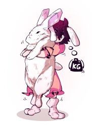 1girl animal animal_ears blush brown_hair commentary_request dress flemish_giant_rabbit floppy_ears full_body hair_between_eyes heavy highres holding holding_animal holding_rabbit inaba_tewi kappamin long_bangs looking_at_viewer paw_shoes pink_dress puffy_short_sleeves puffy_sleeves rabbit rabbit_ears rabbit_girl rabbit_tail red_eyes short_hair short_sleeves simple_background solo standing tail touhou white_background