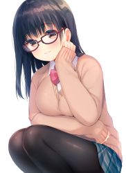Rule 34 | 1girl, black hair, black pantyhose, blue skirt, blush, bow, bowtie, breasts, brown-framed eyewear, brown eyes, brown sweater, collared shirt, commentary request, glasses, hand on own cheek, hand on own face, hand up, highres, large breasts, long hair, long sleeves, looking at viewer, original, pantyhose, parted lips, pink bow, plaid, plaid skirt, pleated skirt, red bow, red bowtie, school uniform, shirt, simple background, skirt, sleeves past wrists, smile, solo, squatting, sweater, tareme, usashiro mani, white background, white shirt, wing collar
