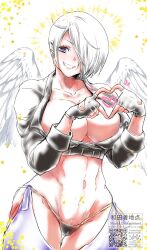 Rule 34 | 1girl, angel (kof), angel wings, artist name, blue eyes, breasts, cleavage, curvy, fingerless gloves, gloves, grey hair, grin, hair over one eye, heart, heart hands, highres, large breasts, legs, looking at viewer, midriff, navel, short hair, smile, snk, solo, the king of fighters, thick thighs, thighs, thong, toned, wings