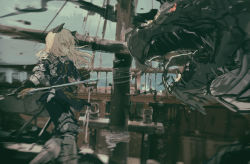 Rule 34 | 1girl, absurdres, action, alternate costume, animal ears, armor, blonde hair, blurry, boat, cat ears, cat tail, dark, depth of field, dragon, fighting, film grain, glasses, greaves, highres, kabuyama kaigi, motion blur, ocean, perrine h. clostermann, sailboat, scabbard, sheath, ship, sketch, sky, solo, strike witches, sword, tail, teeth, tongue, water, watercraft, weapon, world witches series