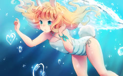 Rule 34 | 1girl, animal ears, artist request, blonde hair, casual one-piece swimsuit, elin, green eyes, highres, long hair, one-piece swimsuit, open mouth, outstretched arm, rabbit ears, rabbit tail, solo, striped clothes, striped one-piece swimsuit, swimming, swimsuit, tail, tera online, underwater, water, white one-piece swimsuit