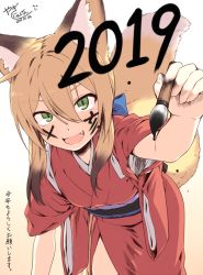 Rule 34 | 1girl, 2019, animal ear fluff, animal ears, blonde hair, calligraphy brush, commentary request, drawing on own face, fang, fox ears, fox girl, fox tail, gradient background, green eyes, hair between eyes, holding, holding brush, ink, japanese clothes, kimono, leaning forward, long sleeves, looking at viewer, new year, obi, open mouth, original, paintbrush, sash, sidelocks, signature, solo, tail, translation request, wide sleeves, writing on face, yagi (ningen)