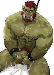 Rule 34 | 1boy, abs, arm hair, bara, beard, blush, bracelet, chest hair, collar, colored skin, completely nude, dopey (dopq), erection, facial hair, fangs, feet out of frame, from above, green skin, hairy, highres, jewelry, large pectorals, leash, leg hair, looking at viewer, male focus, male masturbation, male pubic hair, masturbation, monster boy, muscular, muscular male, navel, navel hair, nipples, nude, orange hair, orc, original, pectorals, penis, pointy ears, pubic hair, scar, scar across eye, scar on chest, scar on face, short hair, solo, spiked bracelet, spiked collar, spikes, spread legs, sweat, thick thighs, thighs, uncensored