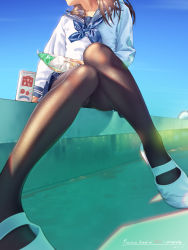 Rule 34 | 1girl, a.x., absurdres, bag, bag of chips, blue serafuku, blue skirt, blue sky, brown hair, brown pantyhose, day, head out of frame, highres, holding, holding bag, juice box, long sleeves, lower body, mary janes, medium hair, neckerchief, original, out of frame, outdoors, pantyhose, pleated skirt, sailor collar, school uniform, serafuku, shirt, shoes, sitting, skirt, sky, solo, white shirt