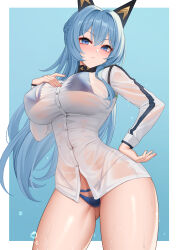 Rule 34 | 1girl, absurdres, bikini, blue background, blue bikini, blue eyes, blue hair, blush, breasts, female pubic hair, goddess of victory: nikke, hand on own chest, hand on own hip, hand up, helm (aqua marine) (nikke), helm (nikke), highres, large breasts, long hair, long sleeves, looking at viewer, official alternate costume, pubic hair, shirt, simple background, swimsuit, thighs, wei xiao, wet, white shirt