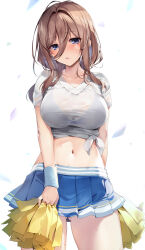 Rule 34 | 1girl, arm behind back, blue eyes, blue skirt, bra visible through clothes, breasts, brown hair, cheerleader, commentary request, confetti, crop top, gluteal fold, go-toubun no hanayome, hair between eyes, hair intakes, highres, holding, holding pom poms, karory, large breasts, long bangs, long hair, looking at viewer, miniskirt, nakano miku, navel, parted lips, pleated skirt, pom pom (cheerleading), pom poms, see-through, see-through shirt, shirt, short sleeves, simple background, skirt, solo, stomach, sweat, sweatband, thighs, tied shirt, wet, white background, white shirt