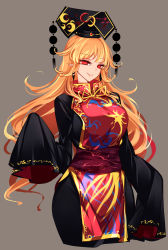 Rule 34 | 1girl, blonde hair, breasts, chinese clothes, crescent, grey background, hat, highres, junko (touhou), large breasts, long hair, one-hour drawing challenge, phoenix crown, pointy ears, raptor7, red eyes, solo, tabard, touhou, very long hair