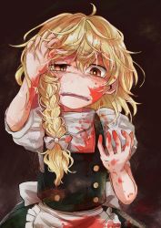 Rule 34 | 1girl, absurdres, apron, black dress, bleeding, blonde hair, blood, blood on clothes, blood on face, blood on hands, braid, buttons, dress, frilled dress, frills, hand on own head, highres, holding head, injury, kirisame marisa, looking at hand, no headwear, puffy sleeves, short sleeves, side braid, single braid, solo, tigern, touhou, waist apron, yellow eyes