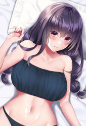 Rule 34 | 1girl, bandeau, bare shoulders, bikini, black hair, blue bikini, blush, braid, breasts, closed mouth, collarbone, commentary request, from above, hand up, huyumitsu, large breasts, long hair, looking at viewer, lying, navel, on back, original, paid reward available, purple eyes, solo, stomach, strapless, strapless bikini, swimsuit, twin braids, twintails