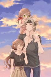 Rule 34 | 1boy, 2girls, :d, aono (aonocrotowa), barefoot, black headband, black shirt, blue pants, blue sky, bow, brown hair, brown skirt, child, closed eyes, cloud, collarbone, crow armbrust, day, earrings, eiyuu densetsu, falcom, frilled shirt, frills, green eyes, grin, hair bow, headband, highres, jewelry, long hair, looking at another, multiple girls, necklace, open mouth, outdoors, pants, parent and child, plaid, plaid shirt, ponytail, red bow, red eyes, sen no kiseki, shirt, short sleeves, silver hair, skirt, sky, sleeveless, sleeveless shirt, smile, soles, towa herschel, very long hair, white bow