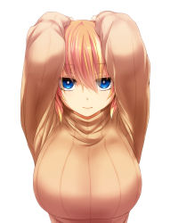 Rule 34 | 1girl, arms up, blonde hair, blue eyes, breasts, expressionless, hands on own head, large breasts, looking at viewer, original, ribbed sweater, setana, short hair, simple background, solo, sweater, watarui, white background