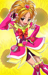 Rule 34 | 00s, 1girl, bike shorts, boots, bow, brooch, cure bloom, floral background, flower, futari wa precure splash star, hair ornament, hairband, hand on own hip, haruyama kazunori, heart, heart brooch, hyuuga saki, jewelry, knee boots, looking at viewer, orange hair, pink footwear, pouch, precure, smile, solo, sunflower, yellow background