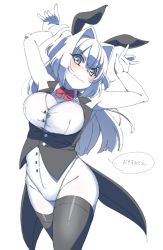 Rule 34 | 1girl, animal ears, bare legs, black jacket, blush, bouncing breasts, bow, bowtie, breasts, rabbit ears, cleavage, cowboy shot, crotchless, crotchless pants, detached collar, fake animal ears, fang, highres, jacket, large breasts, leotard, long hair, miton-chan (miton (turuyasann)), miton (turuyasann), open mouth, original, playboy bunny, short twintails, shy, solo, spot color, thighhighs, twintails
