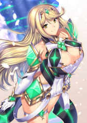 Rule 34 | 1girl, bare shoulders, blonde hair, breasts, chest jewel, cleavage, cowboy shot, dress, earrings, gem, gloves, highres, jewelry, large breasts, long hair, looking at viewer, mythra (xenoblade), nintendo, short dress, skindentation, solo, swept bangs, thigh strap, tiara, white dress, white gloves, xenoblade chronicles (series), xenoblade chronicles 2, yellow eyes, yui sora