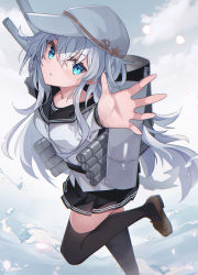 Rule 34 | 1girl, absurdres, belt, black belt, black skirt, black thighhighs, blue eyes, brown footwear, fathom, flat cap, hammer and sickle, hat, hibiki (kancolle), highres, kantai collection, loafers, long hair, long sleeves, miniskirt, pleated skirt, rigging, shoes, silver hair, skirt, smokestack, solo, standing, standing on one leg, star (symbol), thighhighs, torpedo launcher, verniy (kancolle), white hat