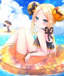 Rule 34 | 2girls, abigail williams (fate), bare shoulders, bikini, black bikini, black bow, blonde hair, blue sky, blush, bow, breasts, double bun, emerald float, fate/grand order, fate (series), forehead, frilled bikini, frills, hair bow, hair bun, highres, lavinia whateley (emerald float) (fate), lavinia whateley (fate), long hair, looking at viewer, multiple girls, multiple hair bows, ocean, octopus, official alternate costume, orange bow, parted bangs, polka dot, polka dot bow, sky, small breasts, smile, swimsuit, tokitarou (fate), touko 56, umbrella