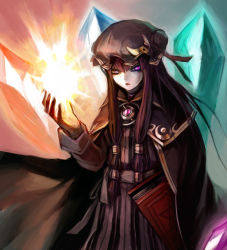 Rule 34 | 1girl, book, crescent, crystal, gradient background, hand up, hat, hat ribbon, hexagram, light, long hair, long sleeves, looking at viewer, mob cap, open hand, open mouth, patchouli knowledge, purple eyes, purple hair, ribbon, sidelocks, solo, spark621, touhou