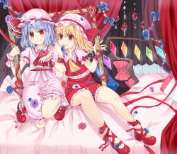 Rule 34 | 2girls, ascot, bed sheet, blonde hair, bow, colored eyelashes, commentary request, curtains, fang, flandre scarlet, flower, hat, haya taro pochi, highres, light purple hair, looking at viewer, mob cap, multiple girls, picture frame, pink skirt, red eyes, red footwear, red skirt, remilia scarlet, ribbon, shoes, short sleeves, siblings, sisters, skirt, skirt set, slit pupils, touhou, wings, wrist cuffs