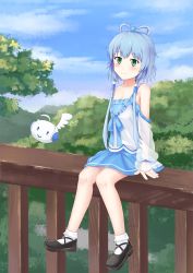 Rule 34 | 1girl, bare shoulders, black footwear, blue hair, blue ribbon, blue skirt, blush, collarbone, commentary request, day, green eyes, highres, looking at viewer, luo tianyi, outdoors, ribbon, see-through, shoes, short hair with long locks, shu pian, sidelocks, sitting, skirt, smile, solo, tree, vocaloid, vsinger
