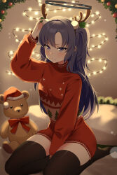 Rule 34 | 1girl, absurdres, alternate costume, antlers, black thighhighs, blue archive, blush, breasts, christmas, christmas ornaments, christmas tree, closed mouth, ddungddang, halo, highres, horns, long hair, long sleeves, mechanical halo, medium breasts, purple eyes, purple hair, red shirt, reindeer antlers, shirt, solo, stuffed animal, stuffed toy, teddy bear, thighhighs, two side up, yuuka (blue archive)