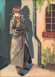 Rule 34 | ahoge, alternate costume, arknights, brown hair, coat, gloves, hat, highres, holding, holding hat, holding unworn clothes, kirisame tarou, necktie, orange necktie, pants, plume (arknights), shoes, trench coat, white hair, yellow eyes