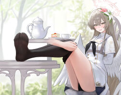 Rule 34 | 1girl, absurdres, angel wings, black neckerchief, black panties, black pantyhose, blue archive, cake, cruciform halo, cup, disembodied hand, feathered wings, feet, flower, food, hair flower, hair ornament, halo, highres, light brown hair, looking at viewer, low wings, nagisa (blue archive), neckerchief, no shoes, panties, pantyhose, pink halo, removing legwear, smile, soles, suiryuu (18559651), swiss roll, tea party (blue archive), teacup, thighs, toes, underwear, white wings, wings, yellow eyes, yellow halo