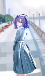 Rule 34 | 1girl, absurdres, alternate costume, blue archive, blurry, blurry background, blush, derivative work, feet out of frame, halo, highres, looking at viewer, looking back, outdoors, purple eyes, purple hair, si (hnma5353), smile, solo, two side up, yuuka (blue archive)