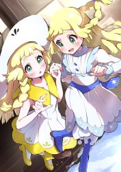 Rule 34 | 2girls, :o, absurdres, bare arms, blonde hair, blue footwear, blush, boots, braid, buttons, collared dress, commentary request, creatures (company), dress, dual persona, eyelashes, game freak, gen 7 pokemon, green eyes, hands up, hat, highres, holding hands, lillie (nihilego), lillie (pokemon), looking at another, monster girl, multiple girls, nihilego, nintendo, open mouth, pokemon, pokemon (anime), pokemon journeys, pokemon swsh111, pon yui, shoes, sleeveless, sleeveless dress, snow, tongue, twin braids, ultra beast, white dress, white headwear, yellow footwear